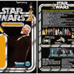 May include: A vintage Star Wars action figure card featuring Ben (Obi-Wan) Kenobi. The card is yellow and black with a silver border. The figure is shown holding a lightsaber. The back of the card features a description of the figure and other Star Wars action figures and vehicles.