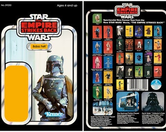 May include: Vintage Star Wars action figure packaging featuring Boba Fett. The card art includes the film's title, character name, and the Kenner logo. The back of the card displays other figures from the movie, and the text "The Empire Strikes Back".