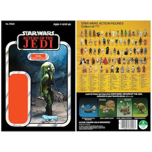 May include: A vintage Star Wars action figure card featuring Oola, a green-skinned alien dancer from Jabba's Palace. The card is red and black with the words "Star Wars: Return of the Jedi" and "Kenner" printed on it. The back of the card shows a collection of other Star Wars action figures.