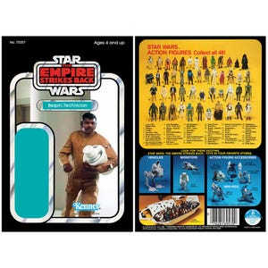May include: A vintage Star Wars action figure package from The Empire Strikes Back. The front features a Bespin Technician figure, while the back showcases various action figures, vehicles, and accessories. The package is black with a teal accent.