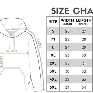 May include: Size chart for a hoodie with measurements in inches for width, length, and sleeve length. Sizes range from S to 5XL.