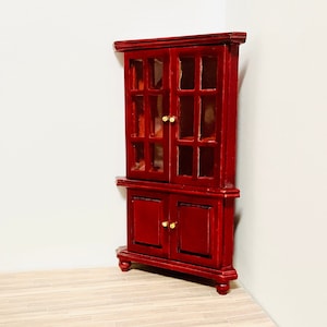1:12 Scale Miniature Mahogany Corner Cabinet, 1/12 Doll Furniture Retro Bookcase Cabinet