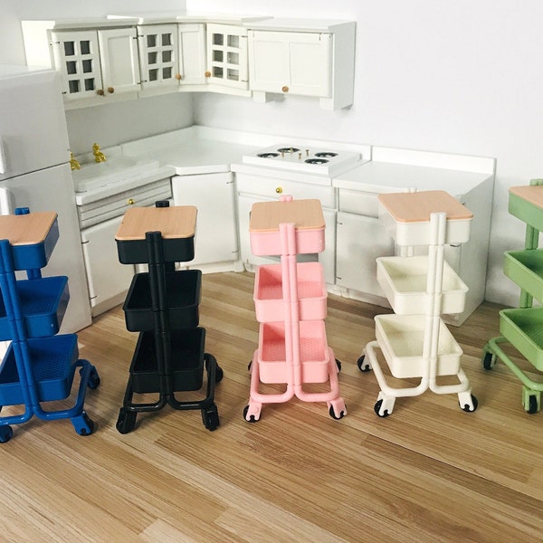 Full Colour Restock 1:12 Scale Miniature Multi-colour Utility Carts, 1/8 Dollhouse Furniture Storage Carts