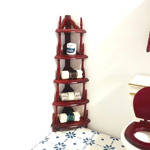 1:12 Scale Miniature Red Mahogany 5-Tier Corner Shelves, 1/12 Dollhouse Furniture Washroom Kitchen Storage Organizer Rack