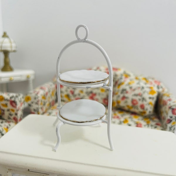 1:12 Scale Dollhouse Miniature Metal& Ceramic 2-Tier Cake Stand, 1/12 Doll Accessories Cake Tired Stand