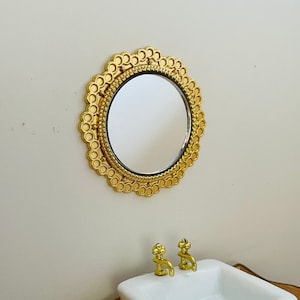 1:12 Dollhouse Miniature Round Shaped Golden Patterned Mirror, 1/12 Doll Furniture Flower Pattern Decor Mirror