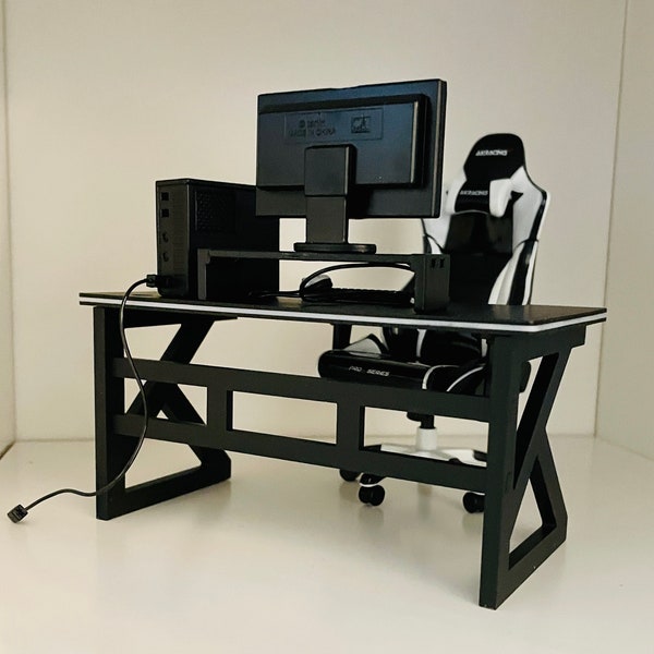 Maßstab 1:12 Puppenhaus Moderner Designer-Stil Gaming-Computertisch, 1/12 Puppenhausmöbel Büroschreibtisch