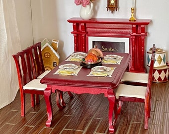 1:12 Scale Miniature Red Mahogany Rectangle Dining Table W/Chair, 1/12 Dollhouse Furniture Mahogany Dining Furniture