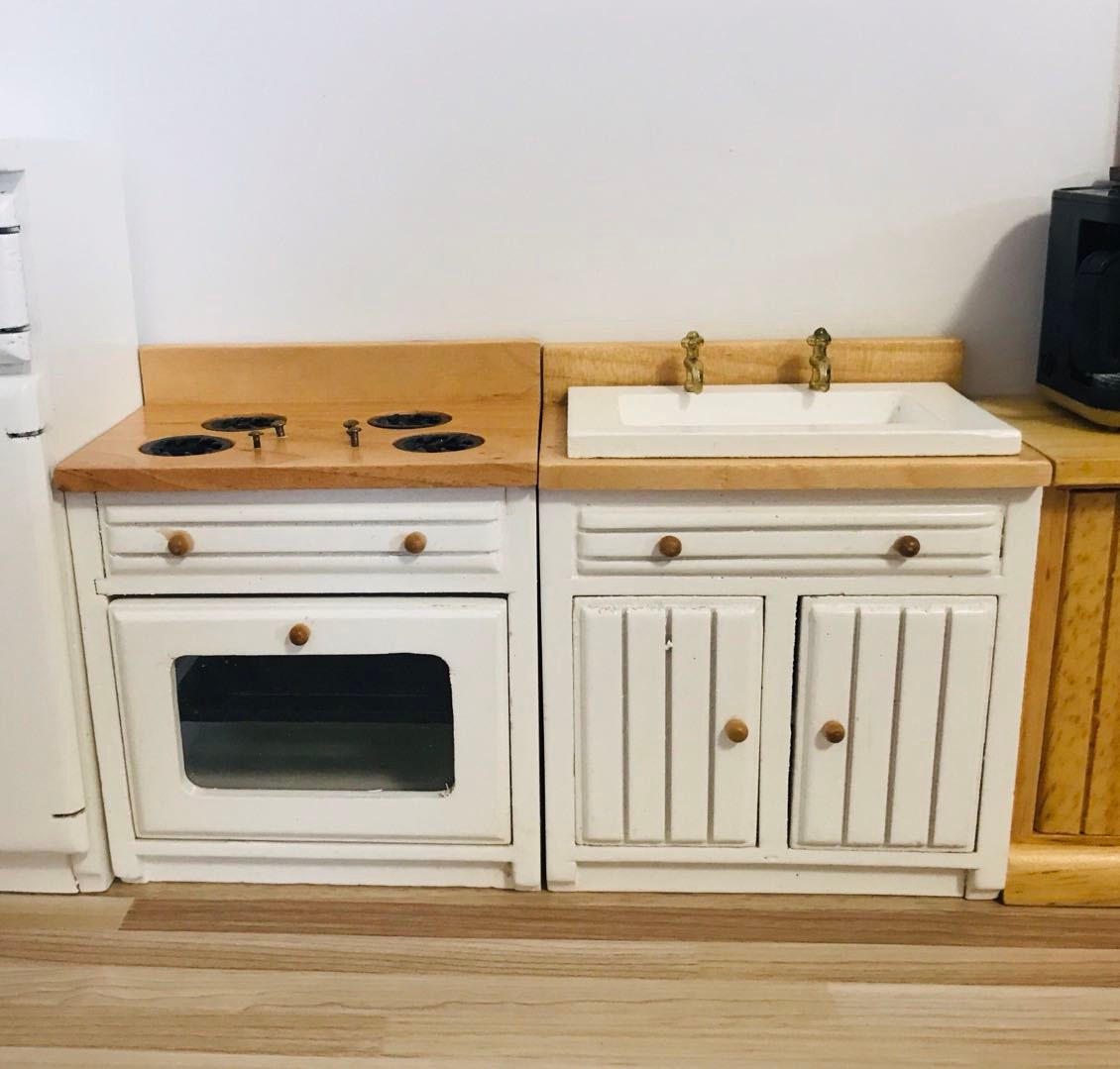1:12スケールのミニチュアキッチンシンク＆コンロセット、ドールハウス