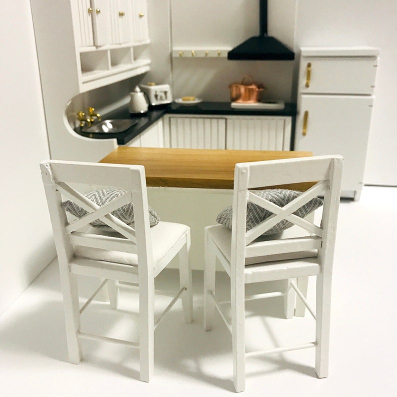 1:12 Scale Dollhouse Miniature 3PC Wooden Kitchen Island Table and High Chair Set,1/12 Dollhouse Furniture Dining Bar Stool Chair/Set image 9