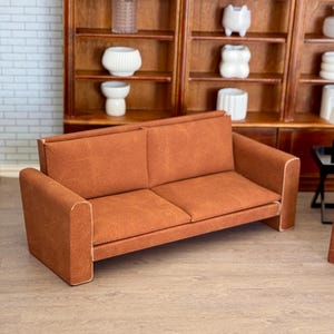 1:12 Scale Dollhouse Miniature Modern Style Faux Leather Long Couch-Orange, 1/12 Doll house Furniture Modern Low Seat Sofa