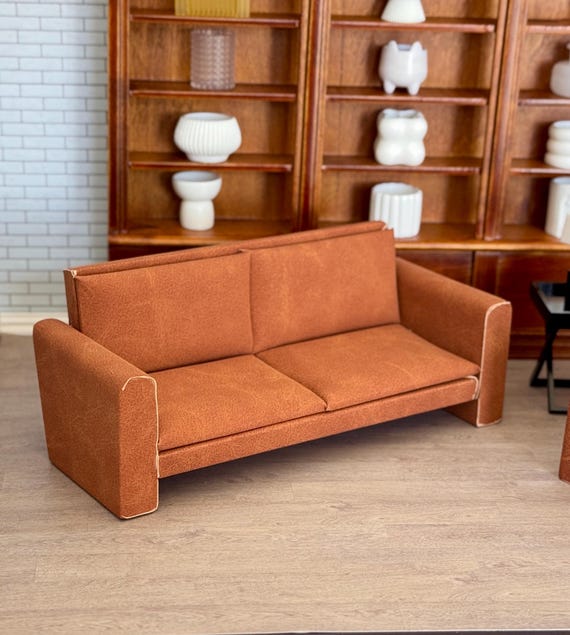 1/12 Scale Modern Dollhouse Miniature Couch Faux Leather Sofa - Main Image