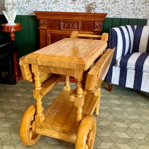 1:12 Dollhouse Miniature Oakwood Bar Cart/Extendable Table, 1/12 Doll House Vintage Dining Room Furniture