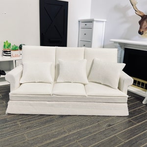 1:12 Scale Dollhouse Miniature Modern 3-Seater Sofa w/Cushions, 1/12 Doll Furniture White Couch
