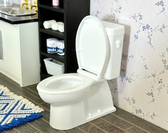 1:12 Dollhouse Miniature Washroom White Color Toilet W/ Openable Seat, 1/12 Doll House Washroom One-piece Round Seat Toilet (7cmx3cmx7.3cm)