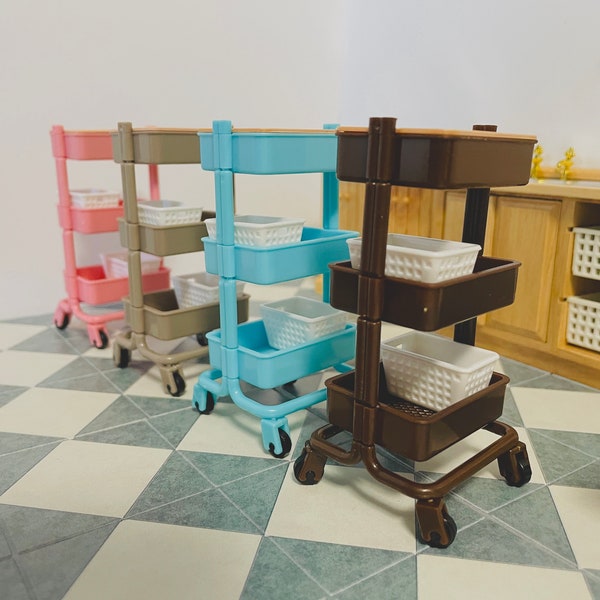 1:12 Scale Miniature Multi-colour Utility Carts, Dollhouse Furniture Storage Carts