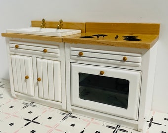 1:12スケールのミニチュアキッチンシンク＆コンロセット、ドールハウス