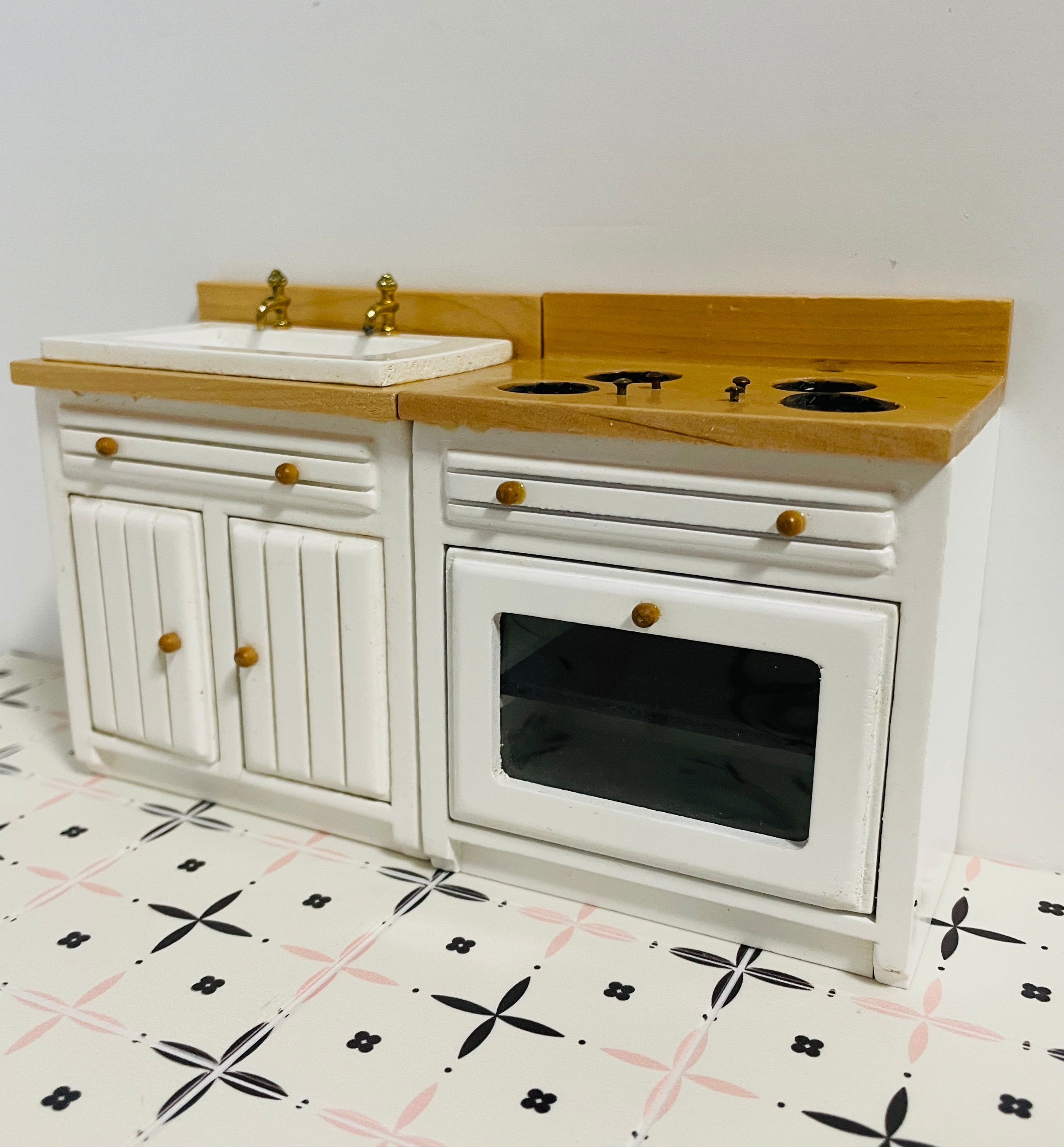 1:12スケールのミニチュアキッチンシンク＆コンロセット、ドールハウス