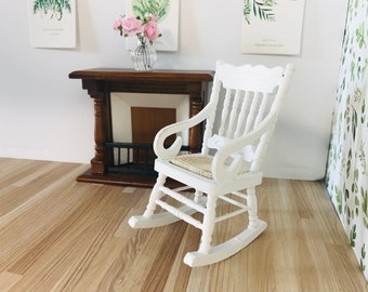 1:12 Scale Dollhouse Miniature White Rocking Chair W/Weaving Seat, 1/12 Doll Furniture Grandfather Armrest Chair