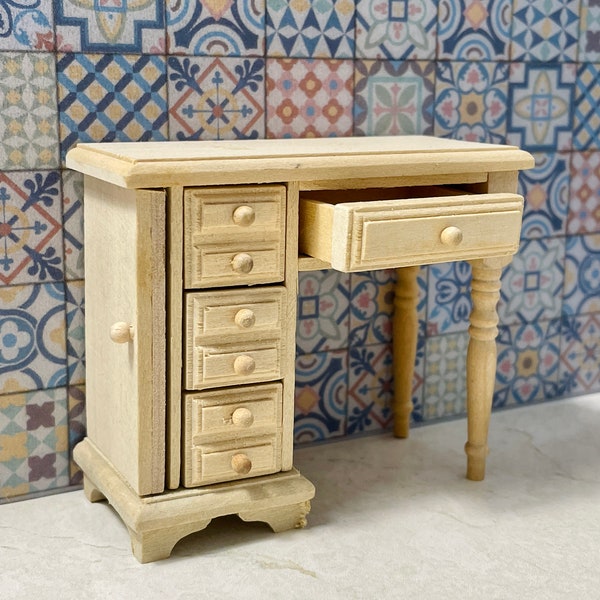 1:12 Scale Miniature DIY Unpainted Dressing Table W/Drawers& Openable Mirror, 1/12 Dollhouse Furniture Washroom Vanity