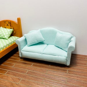1:12 Scale Dollhouse Miniature Pastel Aqua Green Fabric Sofa 2 Seaters W/Cushions, 1/12 Doll house Furniture Double Seater Love seat