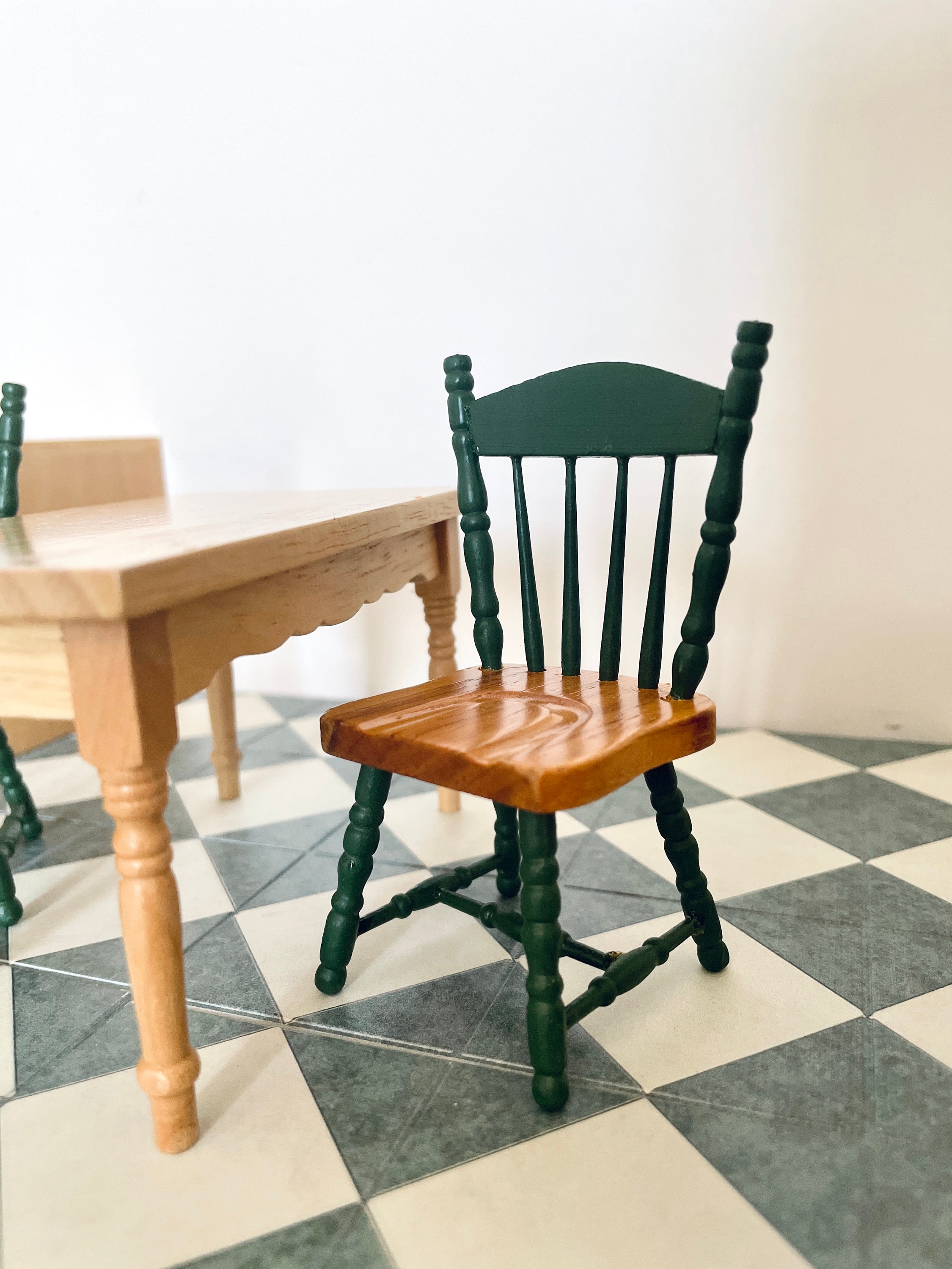 Dollhouse Miniature 1/12th Scale Walnut Arm Chair w/ Green Floral ulpholstery 