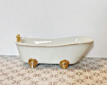 Bañera de cerámica de porcelana premium en miniatura para casa de muñecas 1:12 con patas doradas, muebles para muñecas 1/12, bañera de baño