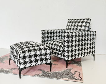 1:6 Scale Miniature Houndstooth Fabric Armchair Sofa Foot Stool, 1/6 Dollhouse 12 Inches Doll Furniture Cozy Black&White Armchair ottoman