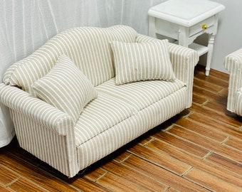 1:12 Scale Dollhouse Miniature Striped Sofa 2 Seaters W/Cushions, 1/12 Doll house Furniture Double Seater Love Seat