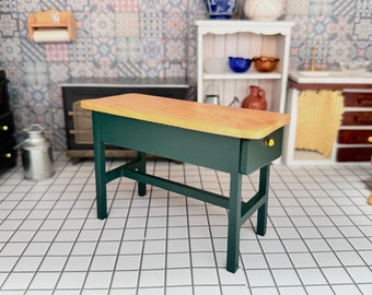 1:12 Scale Miniature Oakwood & Green Kitchen Island Table W/Drawers, 1/12 Dollhouse Furniture Console Table