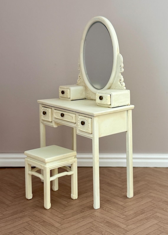 1:12 Dollhouse Miniature Dressing Table W/stool ,1/12 Doll House Bedroom  Makeup Vanity With Mirror - Etsy