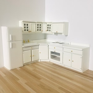 1:12 Scale Dollhouse Miniature Modern Style White Kitchen Cabinets W/Openable Doors, 1/12 Dollhouse Furniture Kitchen Vanity Set Fridge