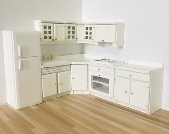 1:12 Scale Dollhouse Miniature Modern Style White Kitchen Cabinets W/Openable Doors, 1/12 Dollhouse Furniture Kitchen Vanity Set Fridge