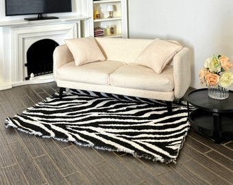Customized Size Available-1:12 Scale Miniature Modern Style Animal Print Carpet- Black White Zebra, 1/12 Dollhouse Furniture Floor Rug