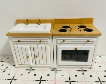 1:12スケールのミニチュアキッチンシンク＆コンロセット、ドールハウス