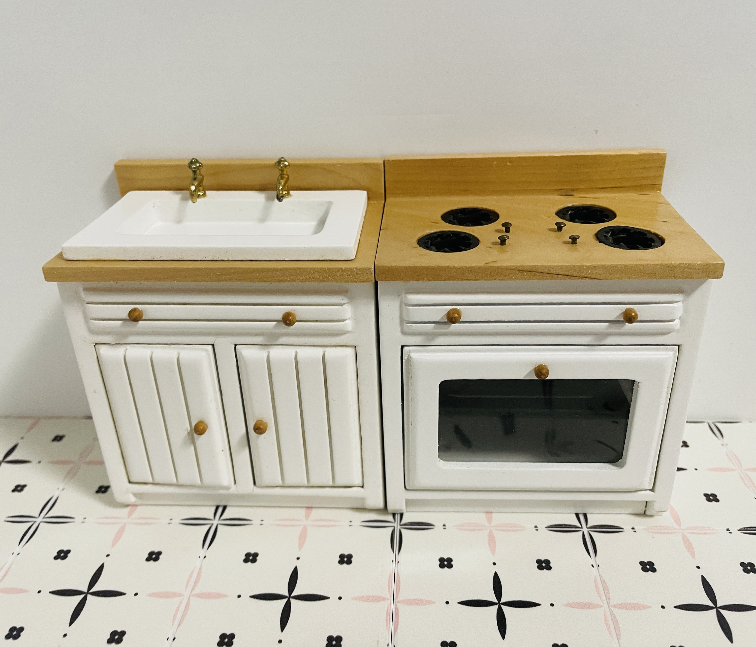 1:12スケールのミニチュアキッチンシンク＆コンロセット、ドールハウス