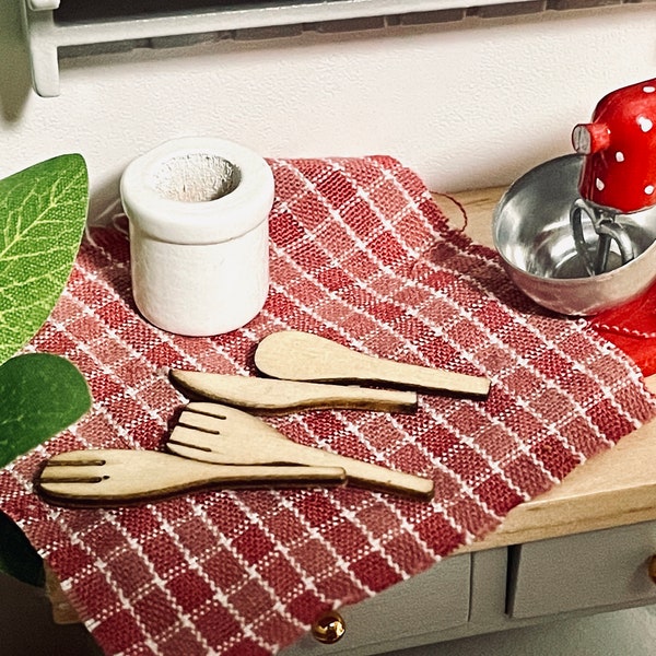 1:12 Scale Doll House Kitchen 5PC Wooden Utensil Set W/Holder, 1/12 Dollhouse Cooking Tools