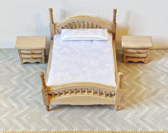 1:24 Scale Miniature DIY Unpainted Wooden Bedroom Furniture Set, 1/24 Dollhouse Furniture Bed and Night Stands Set (Half Scale)