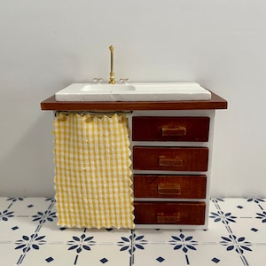 1:12 Scale Dollhouse Miniature Wood Sink Cabinet W/White Countertop & Slidable Curtain, 1/12 Doll House Furniture Kitchen / Washroom Sink