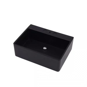 May include: A black rectangular ceramic bathroom sink with a single drain hole and two overflow holes.