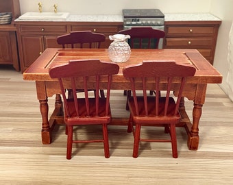 1:12 Scale Dollhouse Miniature Wooden Dining Table & Chair Set, 1/12 Dollhouse Stained Kitchen Dining Chair Set