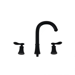 May include: Black bathroom faucet with two handles and a high arc spout.