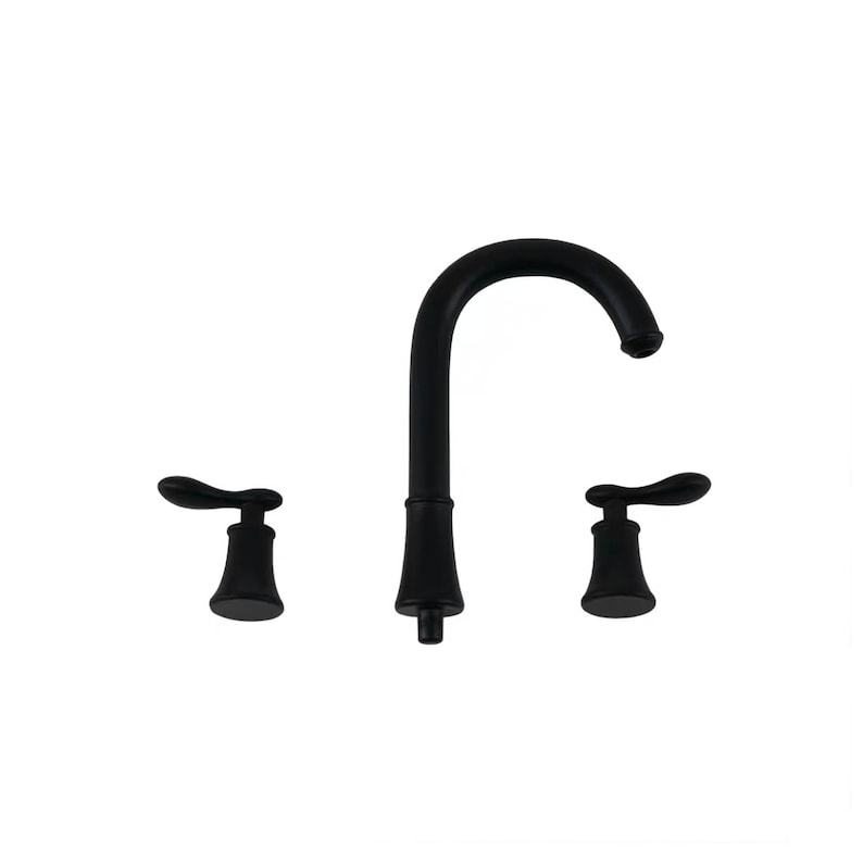 May include: Black bathroom faucet with two handles and a high arc spout.