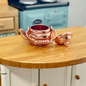 1:12 Scale Miniature Rose Gold Steel Metal Stovetop Kettle W/Openable Lid, 1/12 Dollhouse Kitchen Vintage Style Metal Kettle
