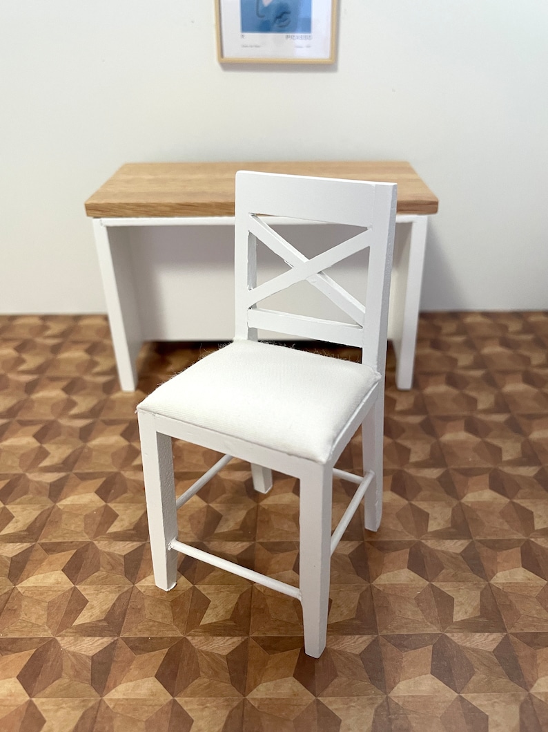 1:12 Scale Dollhouse Miniature 3PC Wooden Kitchen Island Table and High Chair Set,1/12 Dollhouse Furniture Dining Bar Stool Chair/Set image 3