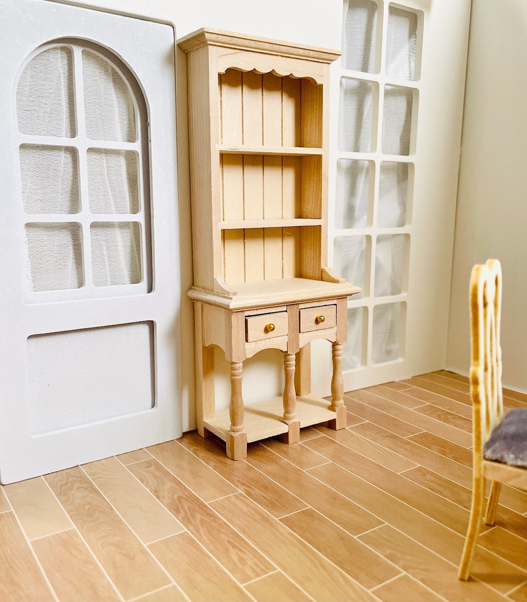 112 Scale Miniature DIY Unpainted Shelves Bookcase W/2 Drawers , 1/12