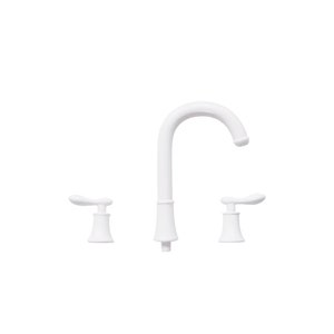 May include: White bathroom faucet with two handles and a curved spout.