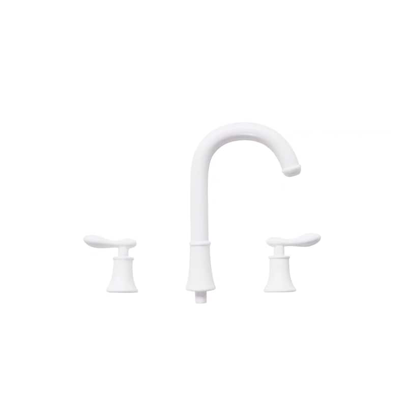 May include: White bathroom faucet with two handles and a curved spout.