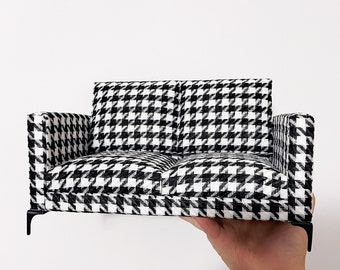 1:6 Scale Miniature Houndstooth Fabric Armchair Sofa Double Seater, 1/6 Dollhouse 12 Inches Doll Furniture Black & White Love Seater