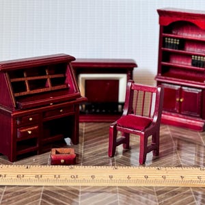 1:24 Scale Dollhouse Miniature Victorian Style Red Monogamy Office Living Room Furniture, 1/24 Dollhouse Office Desk Fireplace Bookshelf
